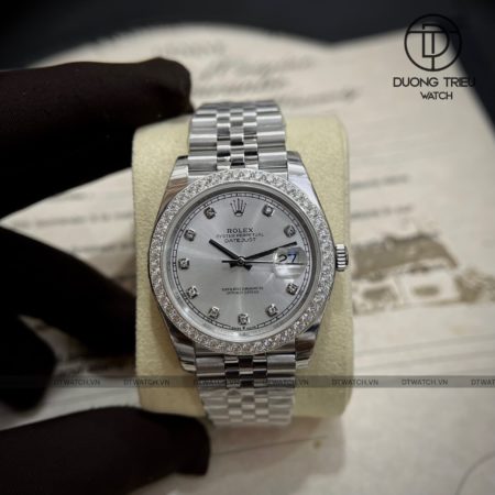 Đồng hồ Rolex Datejust Moissanite Benzel Mặt Số Sliver 41mm Replica