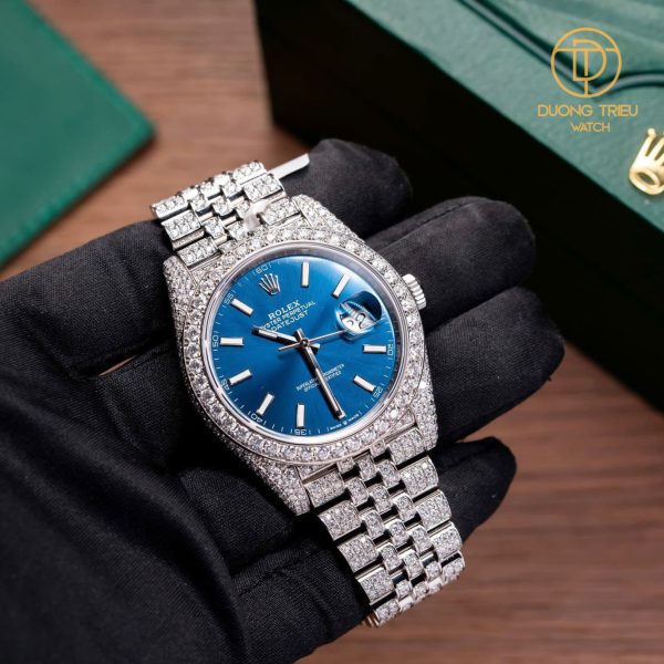 Đồng Hồ Rolex Datejust 41mm 126334 Dial Blue Cọc Số Dạ Quang Chế Tác Nạm Full Kim Moissanite